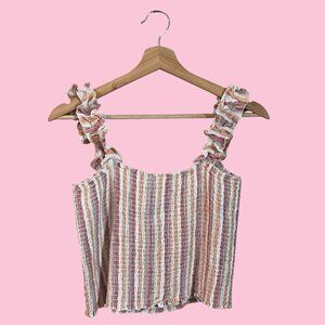 Thread & Supply Crop Tank Top Large Mauve Striped Smocked Shirred Peasant Linen